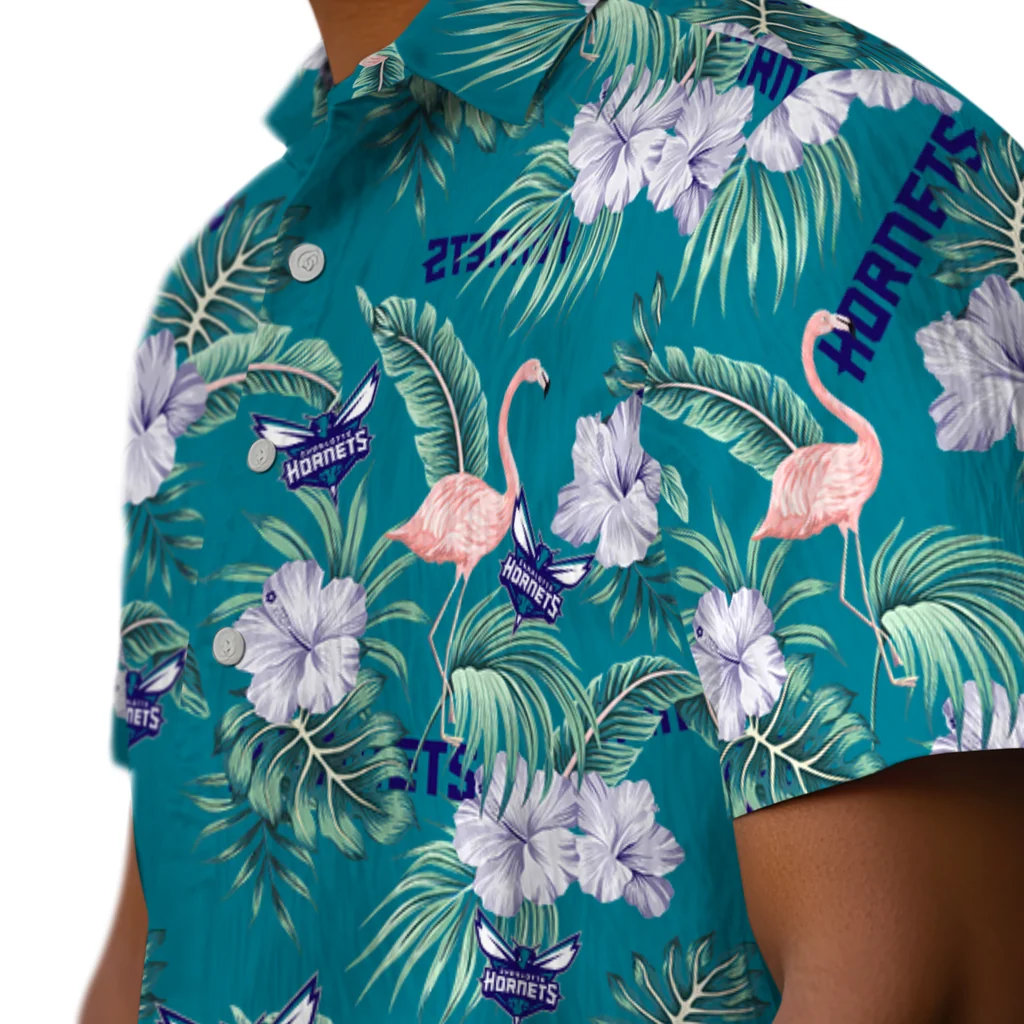 Charlotte Hornets Hawaiian Shirt - Flamingo and Hibiscus charlotte hornets flamingo palms teal hawaiian shirts trendy