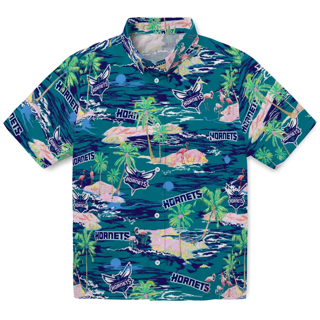 Charlotte Hornets Hawaiian Shirt - Hawaii Island charlotte hornets flamingo retreat teal hawaiian shirts best selling