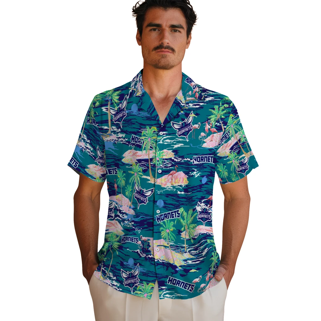 Charlotte Hornets Hawaiian Shirt - Hawaii Island charlotte hornets flamingo retreat teal hawaiian shirts fashion forward