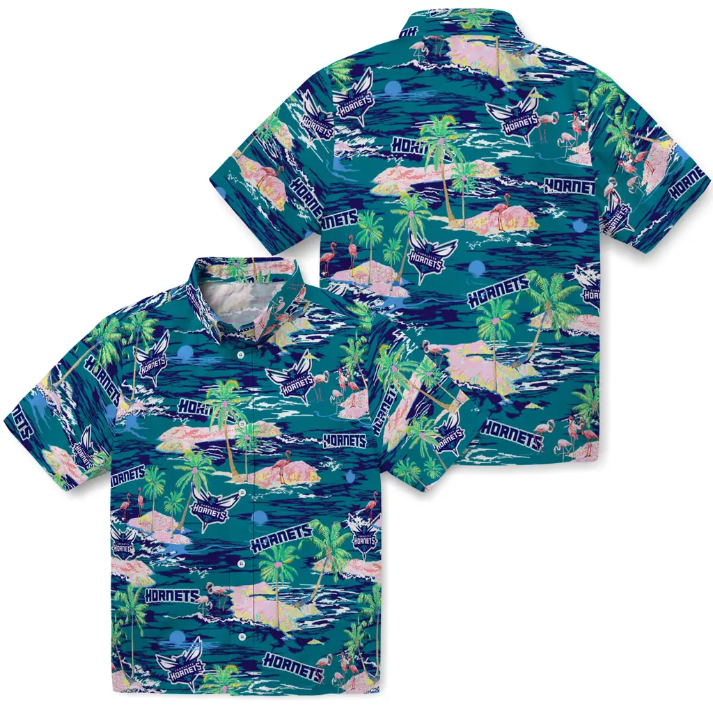 Charlotte Hornets Hawaiian Shirt - Hawaii Island charlotte hornets flamingo retreat teal hawaiian shirts high quality