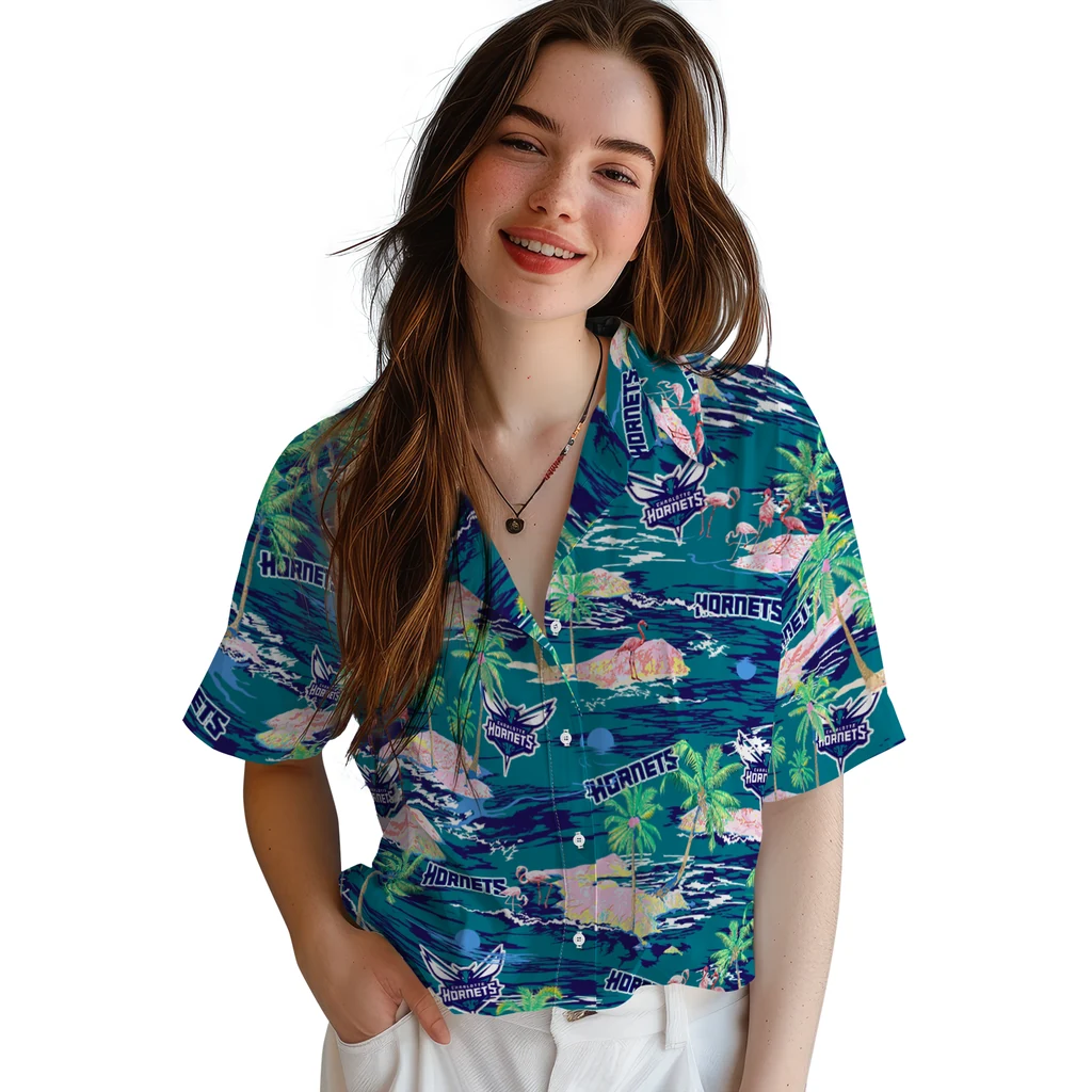 Charlotte Hornets Hawaiian Shirt - Hawaii Island charlotte hornets flamingo retreat teal hawaiian shirts latest model