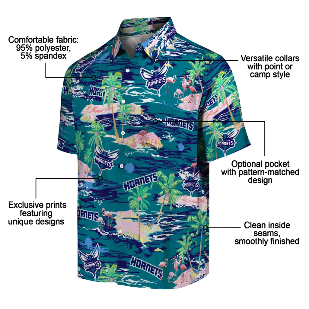 Charlotte Hornets Hawaiian Shirt - Hawaii Island charlotte hornets flamingo retreat teal hawaiian shirts new arrival