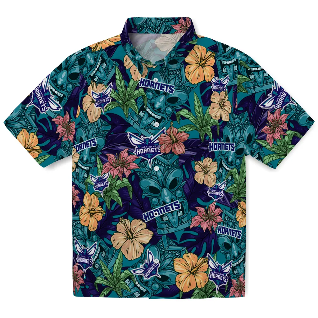 Charlotte Hornets Hawaiian Shirt - Hibiscus Tiki Jungle charlotte hornets tiki jungle teal hawaiian shirts best selling