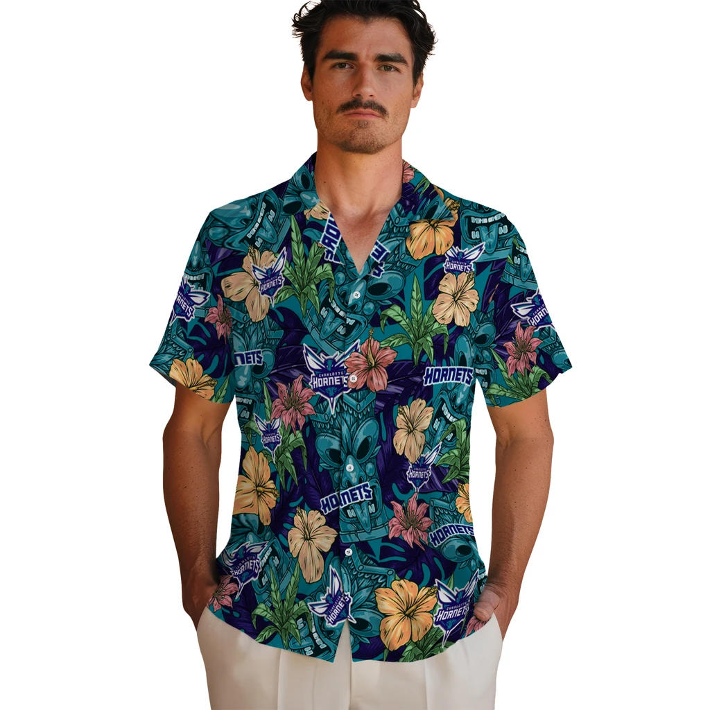 Charlotte Hornets Hawaiian Shirt - Hibiscus Tiki Jungle charlotte hornets tiki jungle teal hawaiian shirts fashion forward
