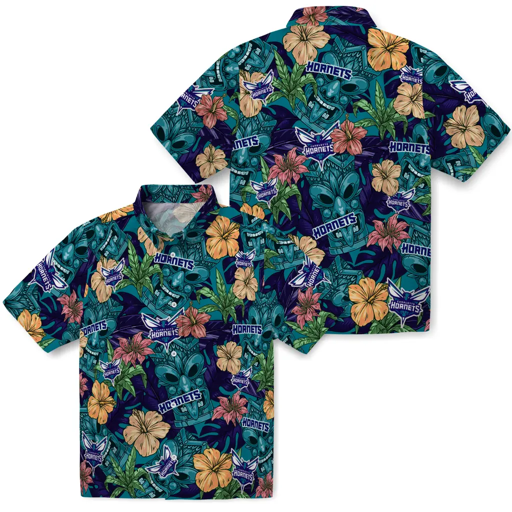 Charlotte Hornets Hawaiian Shirt - Hibiscus Tiki Jungle charlotte hornets tiki jungle teal hawaiian shirts high quality