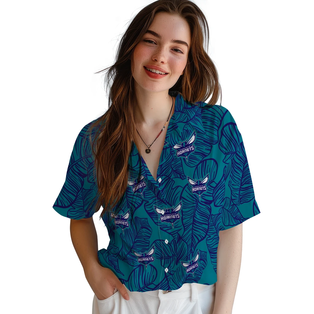 Charlotte Hornets Hawaiian Shirt - Leaf Outline charlotte hornets leaf outline teal hawaiian shirts latest model