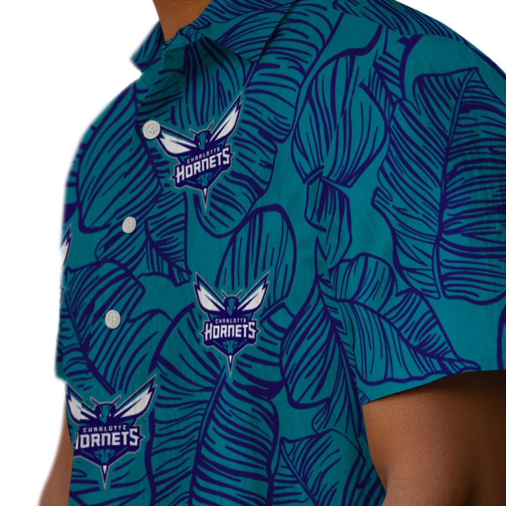 Charlotte Hornets Hawaiian Shirt - Leaf Outline charlotte hornets leaf outline teal hawaiian shirts trendy