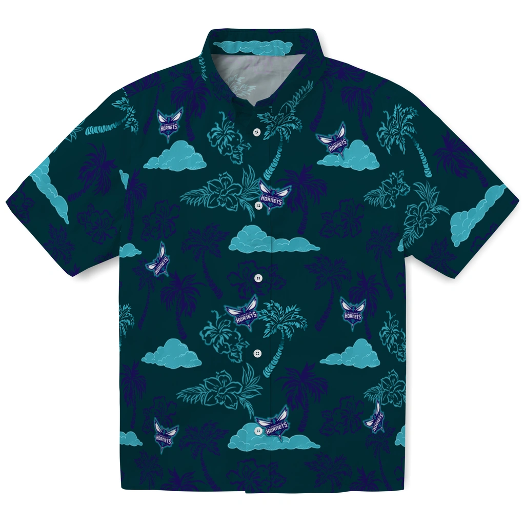 Charlotte Hornets Hawaiian Shirt - Palm And Clouds charlotte hornets palm and clouds teal hawaiian shirts best selling