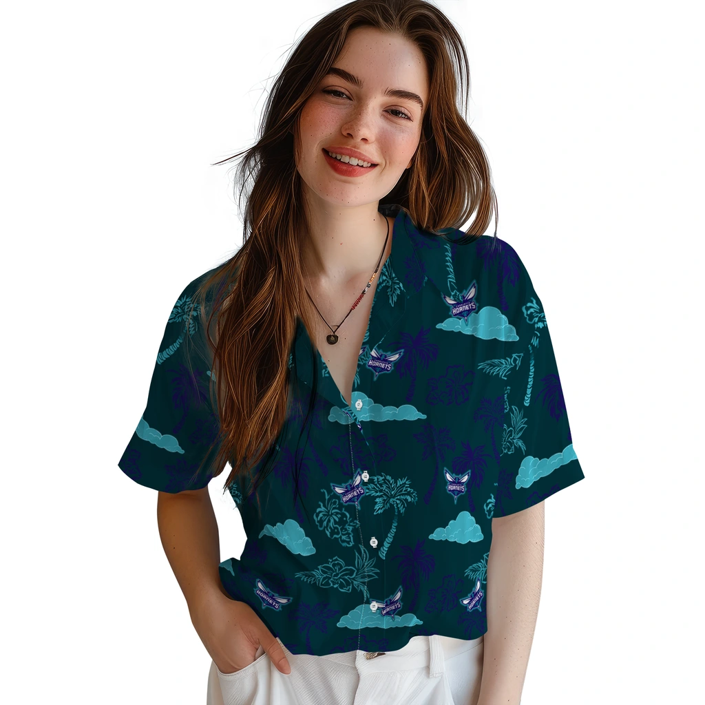 Charlotte Hornets Hawaiian Shirt - Palm And Clouds charlotte hornets palm and clouds teal hawaiian shirts latest model