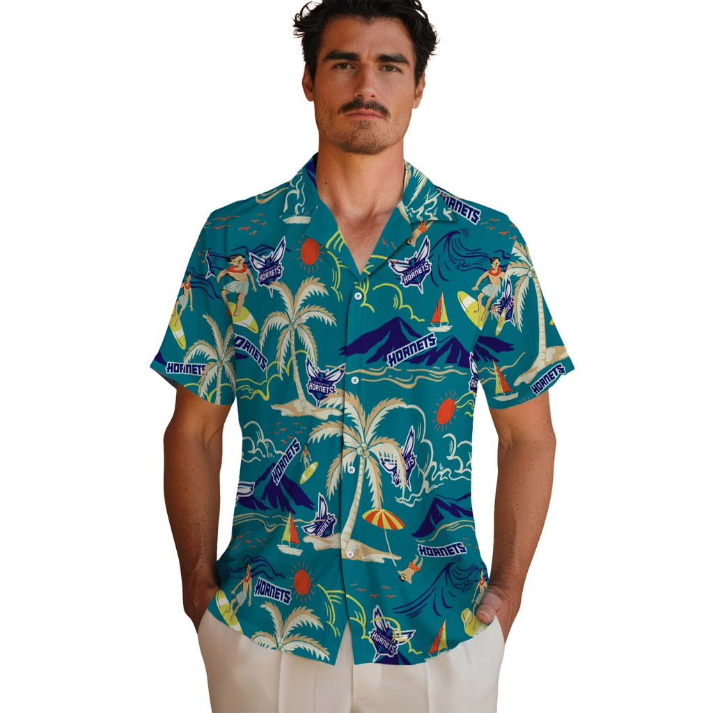Charlotte Hornets Hawaiian Shirt - Palm Tree Island charlotte hornets palm tree island teal hawaiian shirts fashion forward