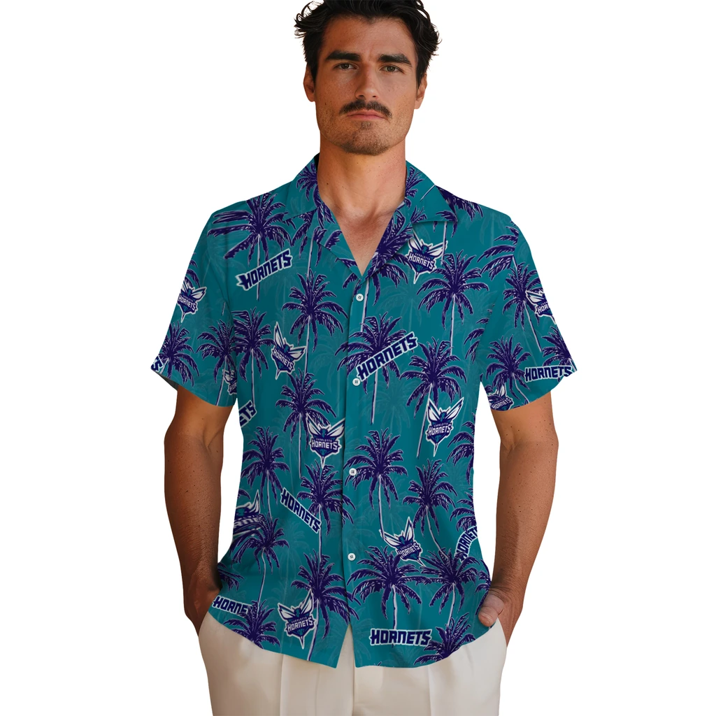 Charlotte Hornets Hawaiian Shirt - Palm Tree Motif charlotte hornets palm grove teal hawaiian shirts fashion forward