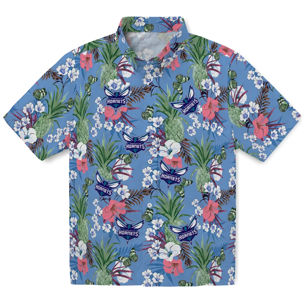 Charlotte Hornets Hawaiian Shirt - Pineapple Bouquet charlotte hornets pineapple bouquet best sky blue hawaiian shirts best selling