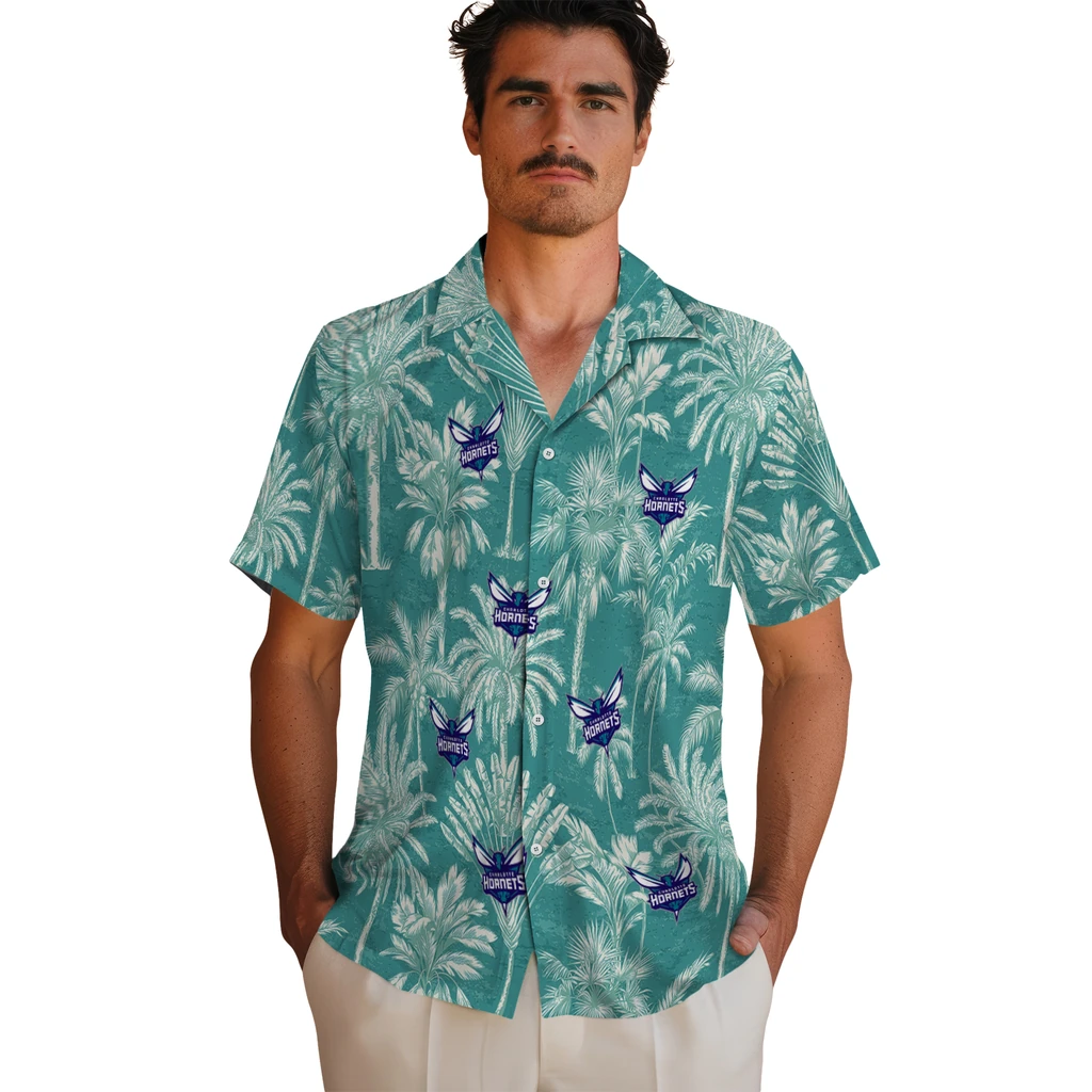 Charlotte Hornets Hawaiian Shirt - Vintage Palm Tree charlotte hornets palm shadows teal hawaiian shirts fashion forward
