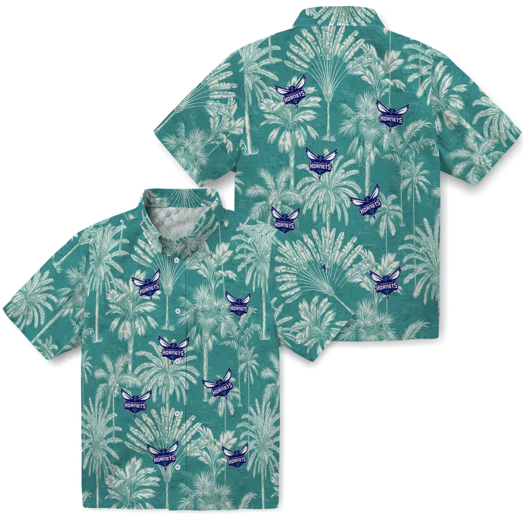 Charlotte Hornets Hawaiian Shirt - Vintage Palm Tree charlotte hornets palm shadows teal hawaiian shirts high quality