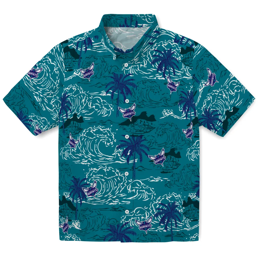 Charlotte Hornets Hawaiian Shirt - Wave Palm charlotte hornets wave palm teal hawaiian shirts best selling
