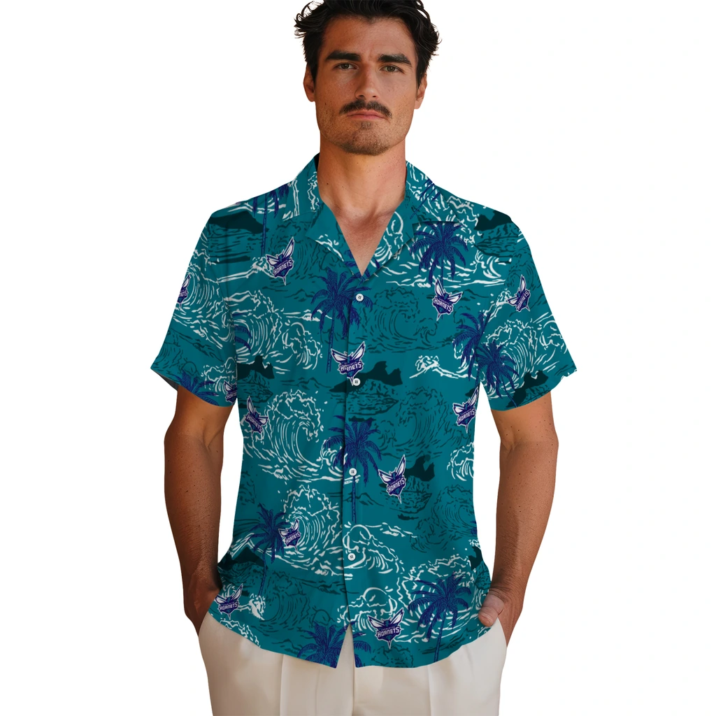 Charlotte Hornets Hawaiian Shirt - Wave Palm charlotte hornets wave palm teal hawaiian shirts fashion forward