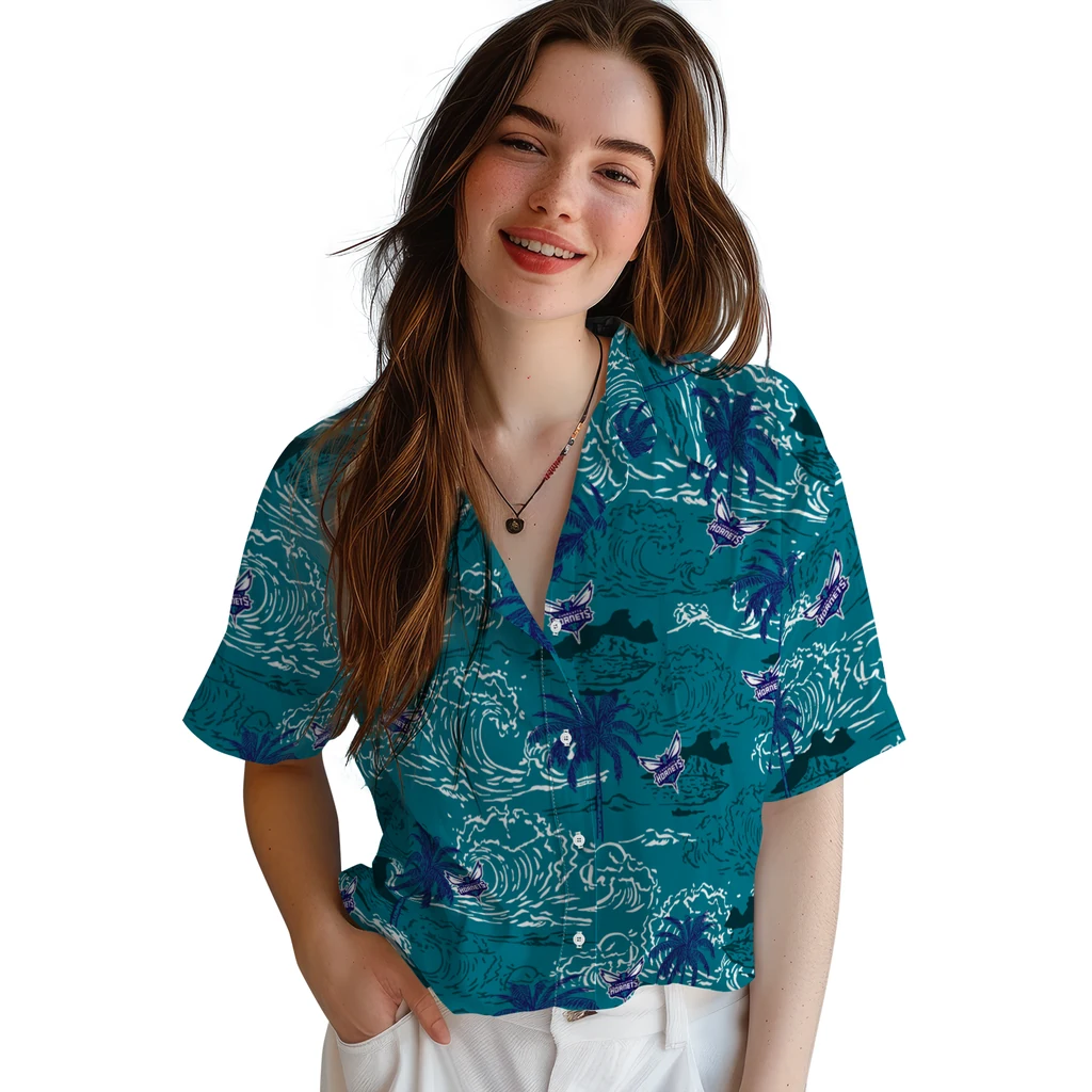Charlotte Hornets Hawaiian Shirt - Wave Palm charlotte hornets wave palm teal hawaiian shirts latest model
