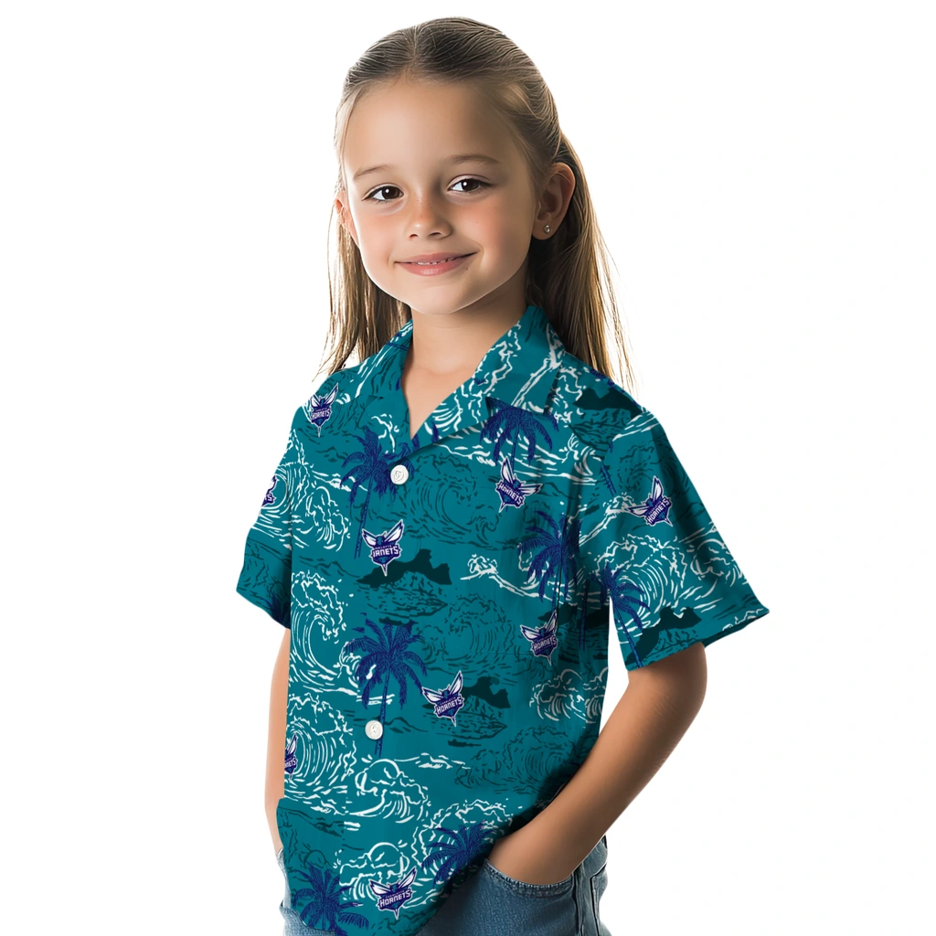 Charlotte Hornets Hawaiian Shirt - Wave Palm charlotte hornets wave palm teal hawaiian shirts premium grade