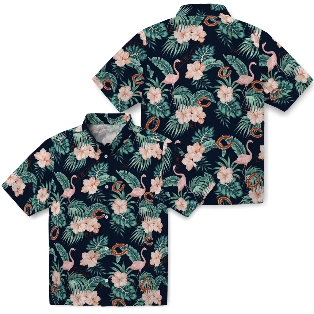 Chicago Bears Hawaiian Shirt - Flamingo and Hibiscus chicago bears flamingo palms blue hawaiian shirts high quality