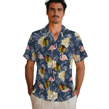 chicago blackhawks flamingo hibiscus navy hawaiian shirts fashion forward