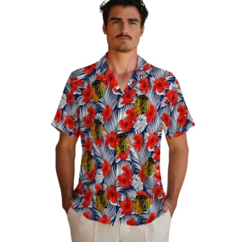 chicago blackhawks hibiscus fiesta red royal blue hawaiian shirts fashion forward