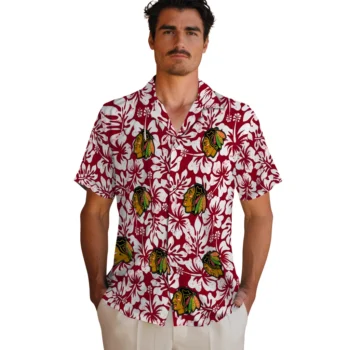 chicago blackhawks hibiscus motif red white hawaiian shirts fashion forward
