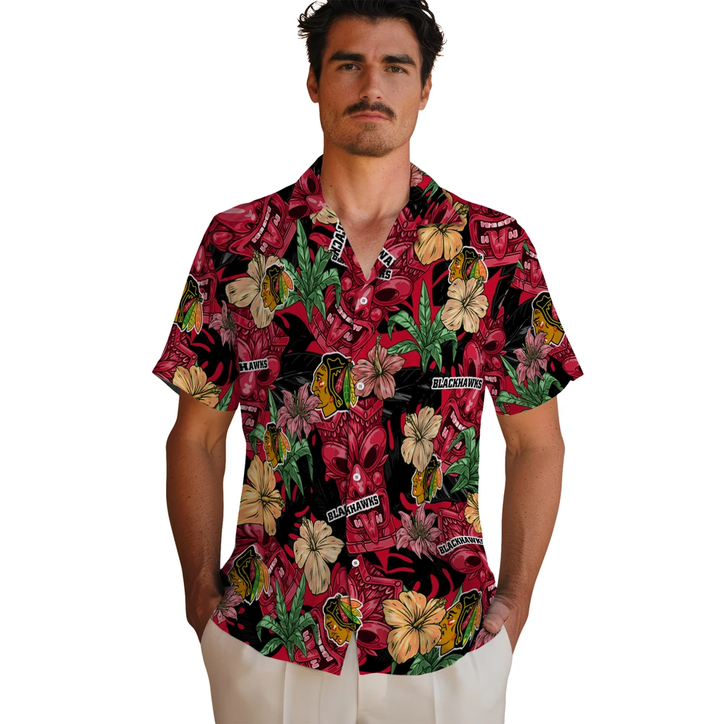 Chicago Blackhawks Hawaiian Shirt - Hibiscus Tiki Jungle chicago blackhawks tiki jungle red hawaiian shirts fashion forward