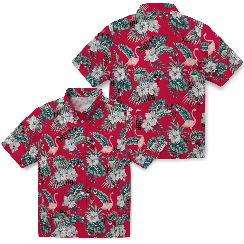 Chicago Bulls Hawaiian Shirt - Flamingo and Hibiscus chicago bulls flamingo palms red hawaiian shirts high quality