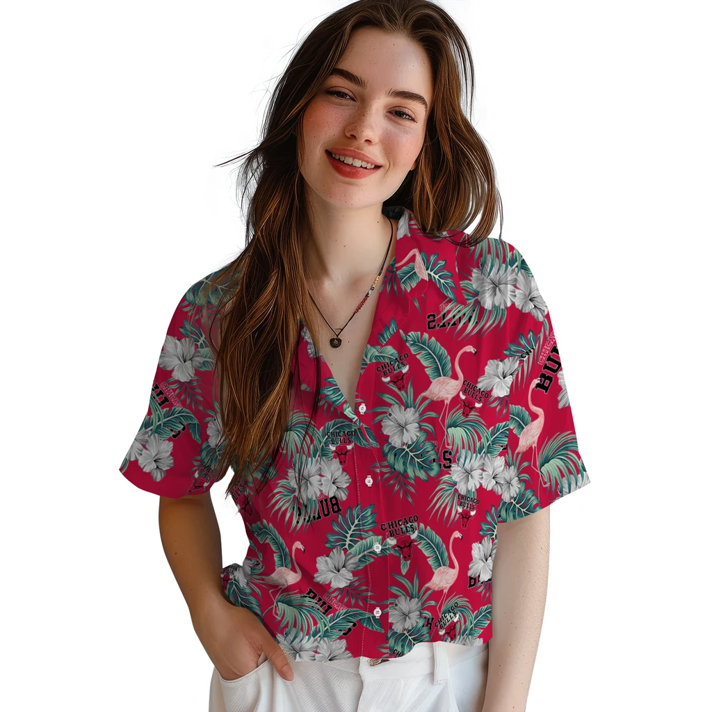 Chicago Bulls Hawaiian Shirt - Flamingo and Hibiscus chicago bulls flamingo palms red hawaiian shirts latest model