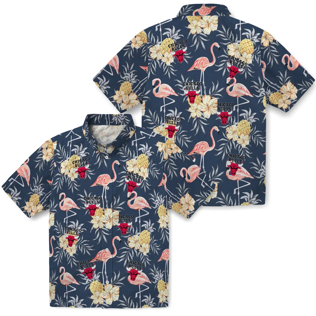 Chicago Bulls Hawaiian Shirt - Flamingo Hibiscus chicago bulls flamingo hibiscus navy hawaiian shirts high quality