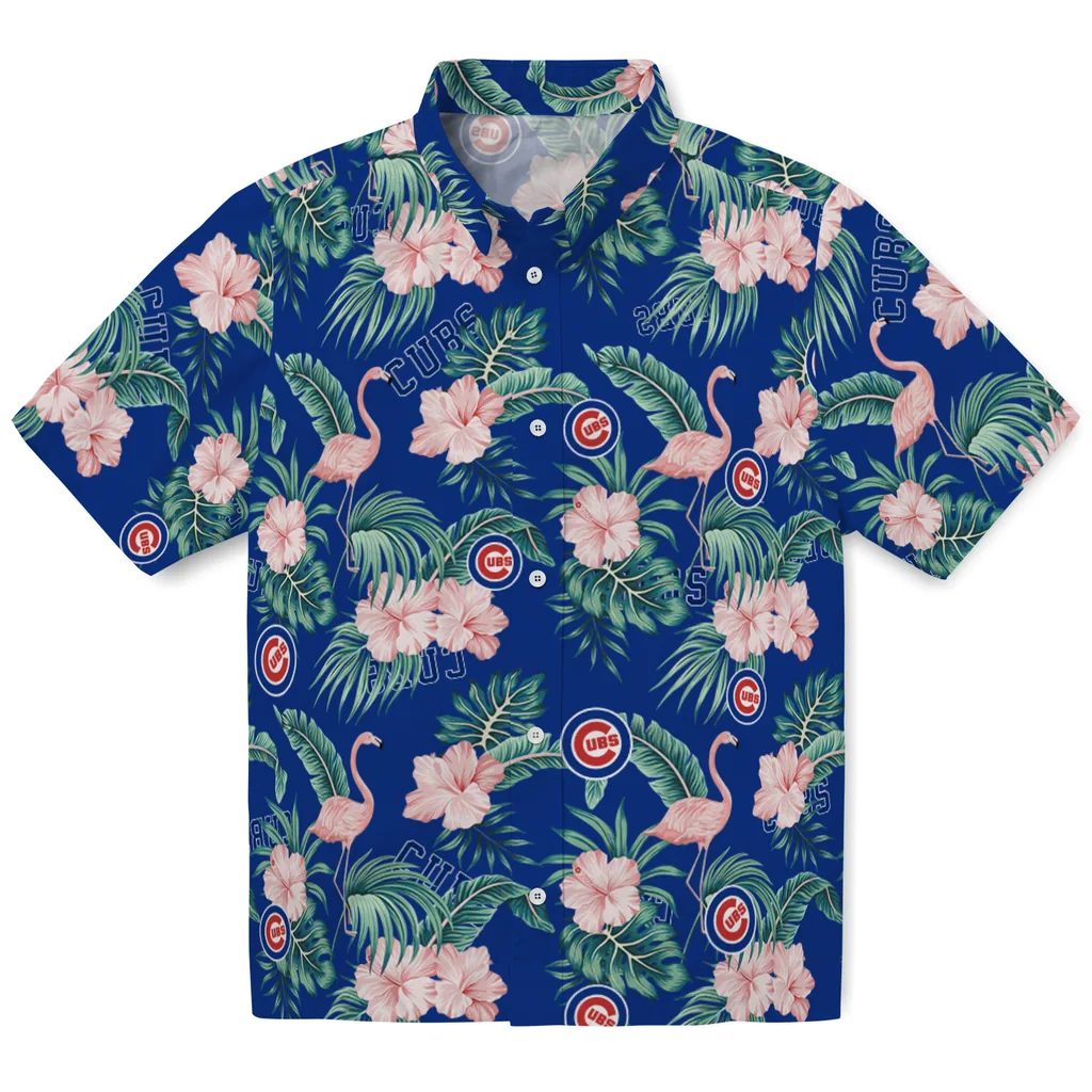 Chicago Cubs Hawaiian Shirt - Flamingo and Hibiscus chicago cubs flamingo palms blue hawaiian shirts best selling