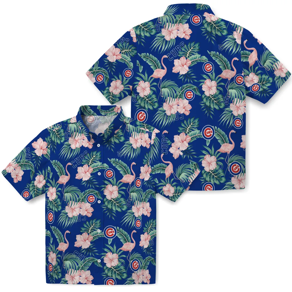 Chicago Cubs Hawaiian Shirt - Flamingo and Hibiscus chicago cubs flamingo palms blue hawaiian shirts high quality