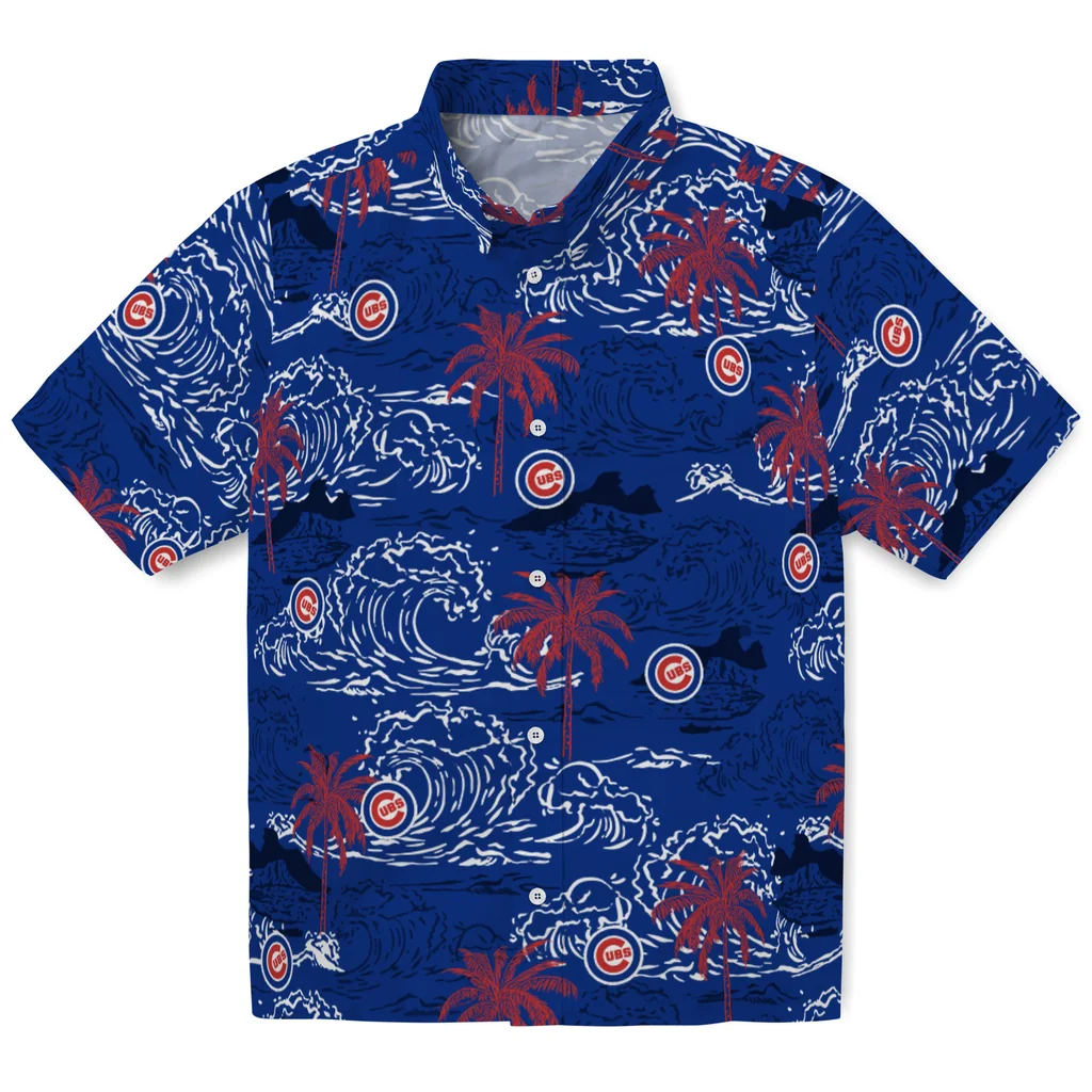 Chicago Cubs Hawaiian Shirt - Wave Palm chicago cubs wave palm blue hawaiian shirts best selling