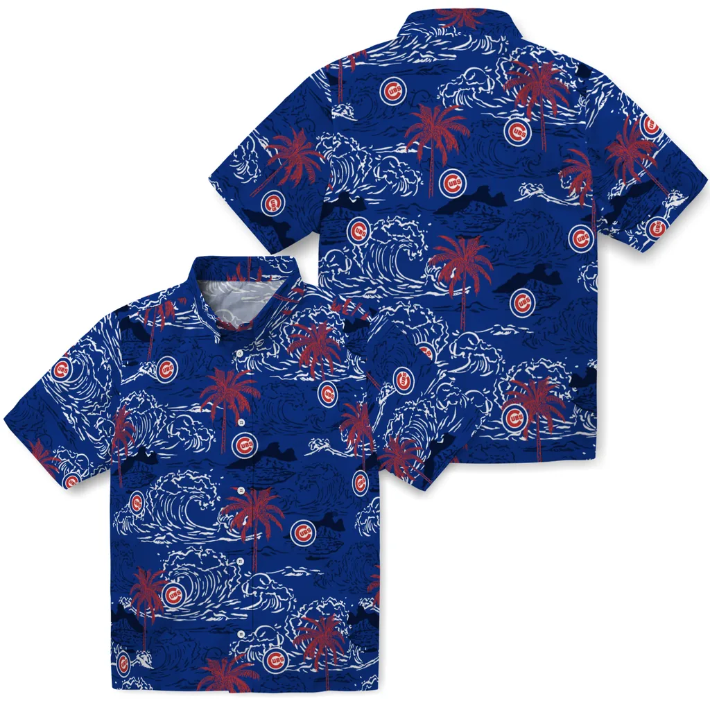 Chicago Cubs Hawaiian Shirt - Wave Palm chicago cubs wave palm blue hawaiian shirts high quality