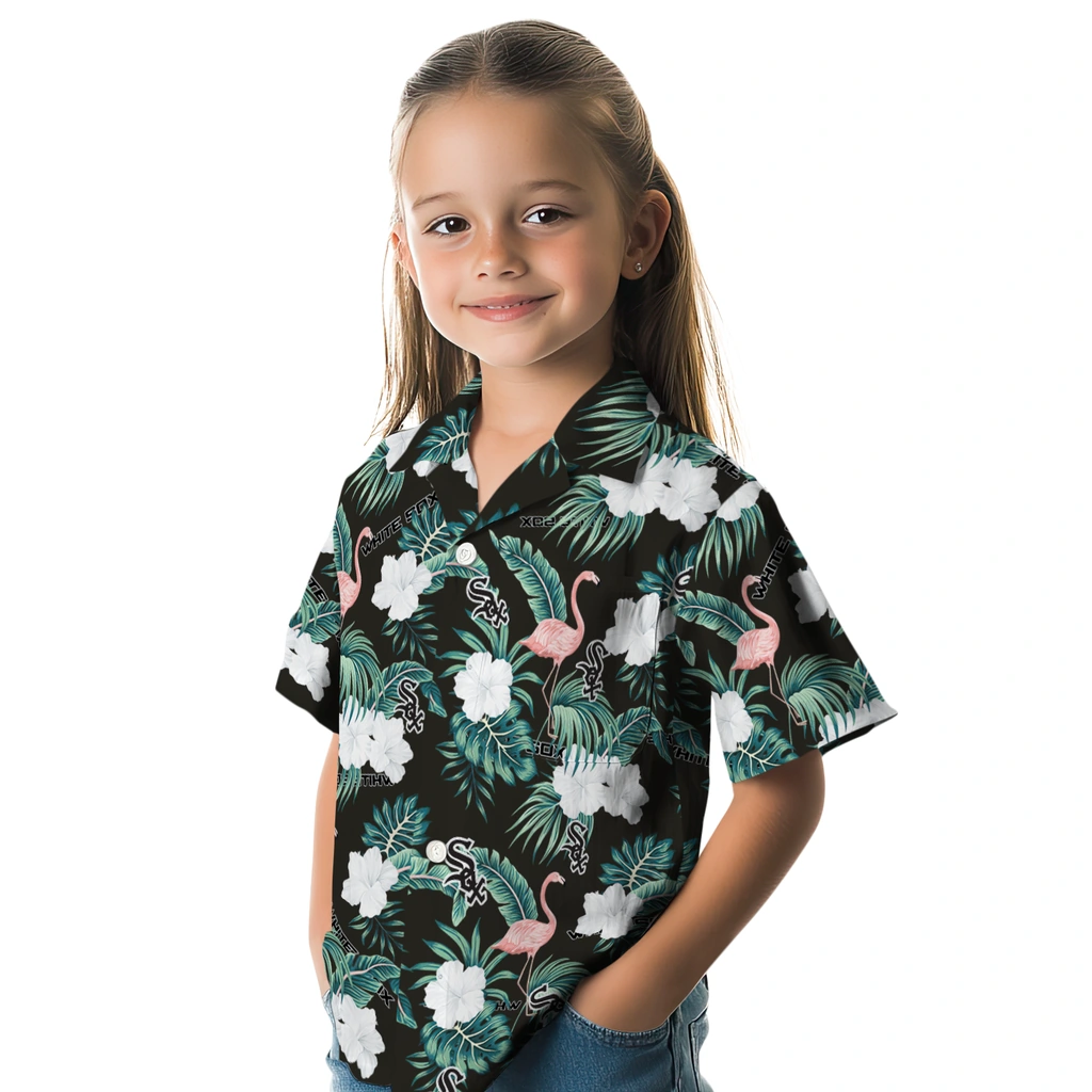 Chicago White Sox Hawaiian Shirt - Flamingo and Hibiscus chicago white sox flamingo palms black hawaiian shirts premium grade