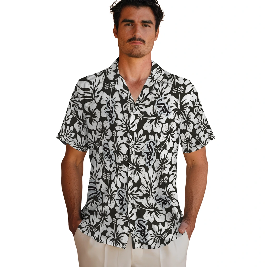 Chicago White Sox Hawaiian Shirt - Hibiscus Motif chicago white sox hibiscus motif black white hawaiian shirts fashion forward