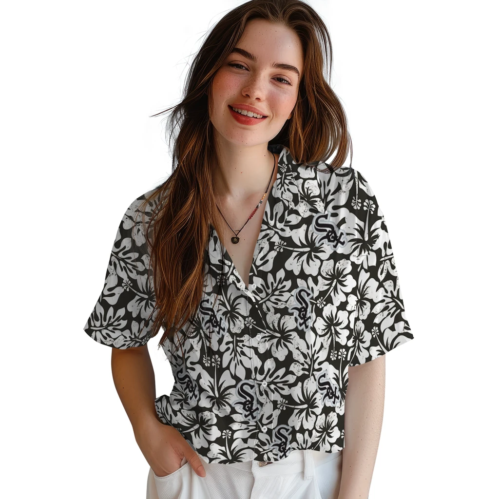 Chicago White Sox Hawaiian Shirt - Hibiscus Motif chicago white sox hibiscus motif black white hawaiian shirts latest model