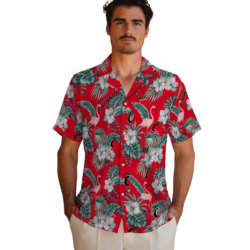 Cincinnati Bearcats Hawaiian Shirt - Flamingo and Hibiscus cincinnati bearcats flamingo palms red hawaiian shirts fashion forward