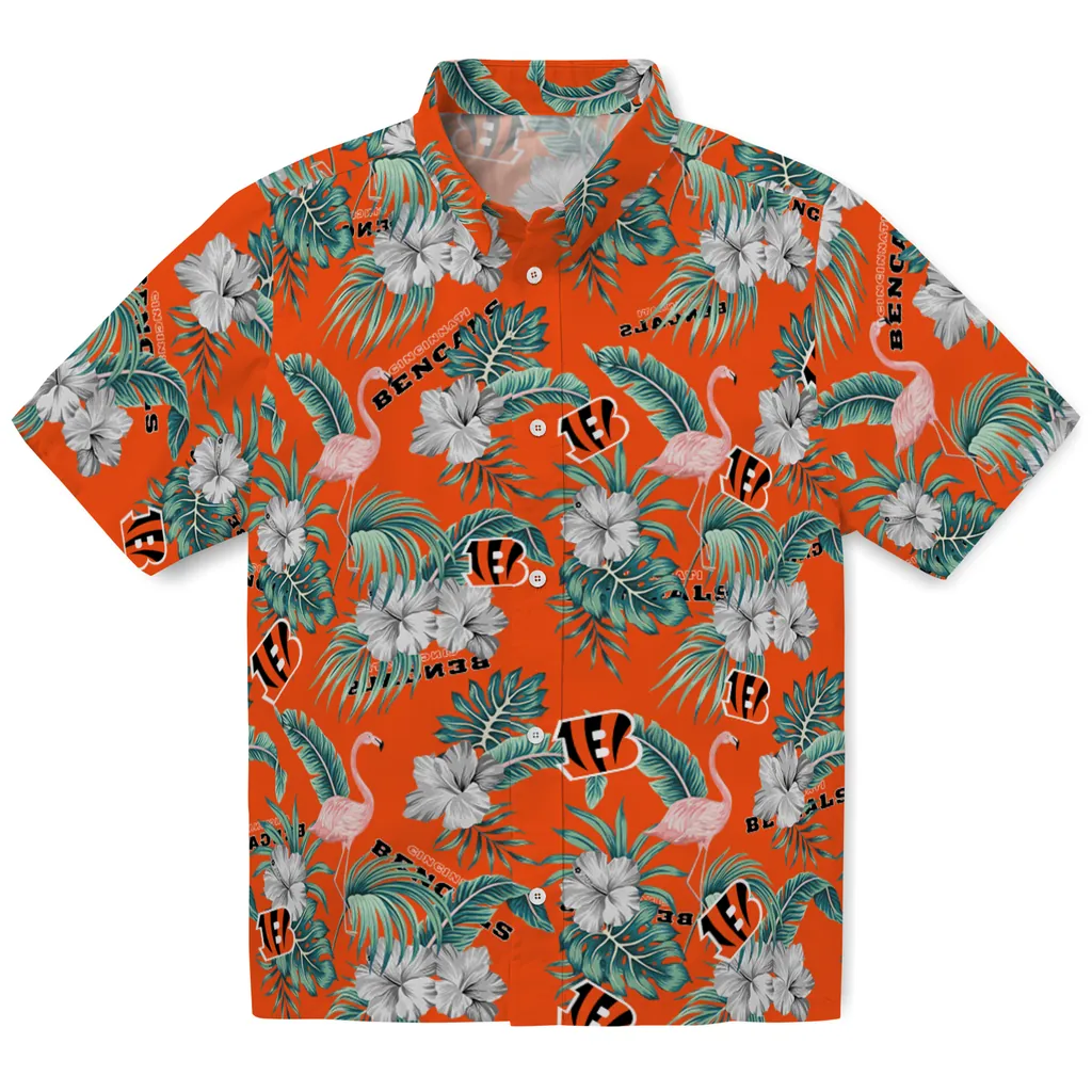 Cincinnati Bengals Hawaiian Shirt - Flamingo and Hibiscus cincinnati bengals flamingo palms orange hawaiian shirts best selling