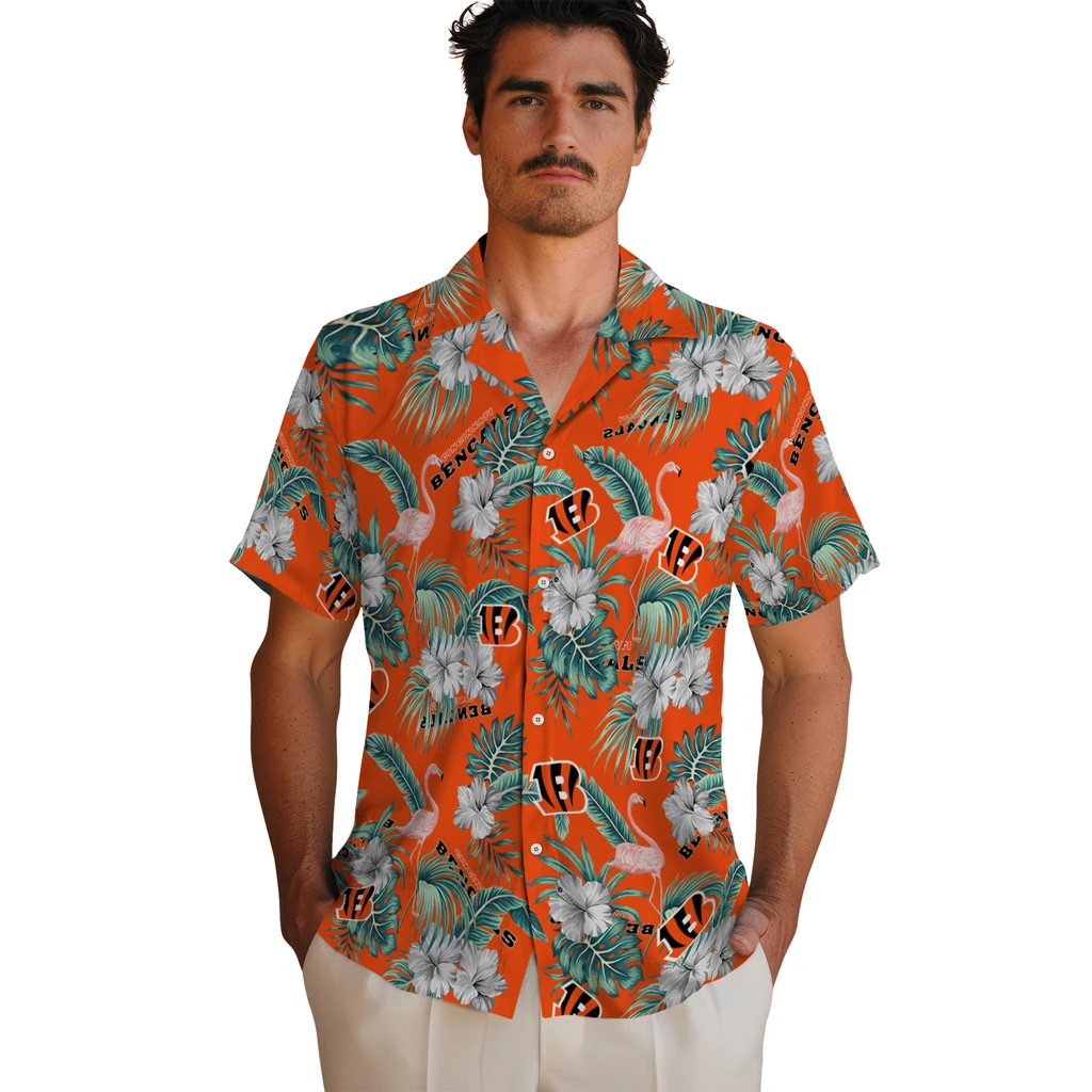 Cincinnati Bengals Hawaiian Shirt - Flamingo and Hibiscus cincinnati bengals flamingo palms orange hawaiian shirts fashion forward