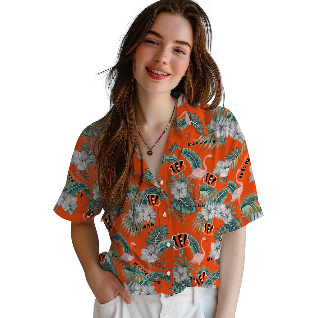 Cincinnati Bengals Hawaiian Shirt - Flamingo and Hibiscus cincinnati bengals flamingo palms orange hawaiian shirts latest model