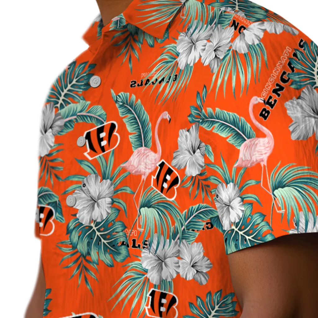 Cincinnati Bengals Hawaiian Shirt - Flamingo and Hibiscus cincinnati bengals flamingo palms orange hawaiian shirts trendy