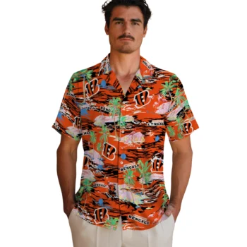 cincinnati bengals flamingo retreat orange hawaiian shirts fashion forward