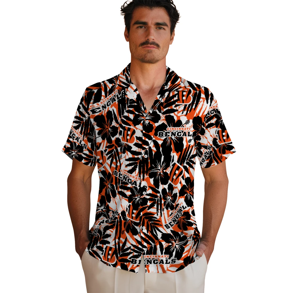 Cincinnati Bengals Hawaiian Shirt - Hibiscus Overlay cincinnati bengals hibiscus overlay hawaiian shirts fashion forward