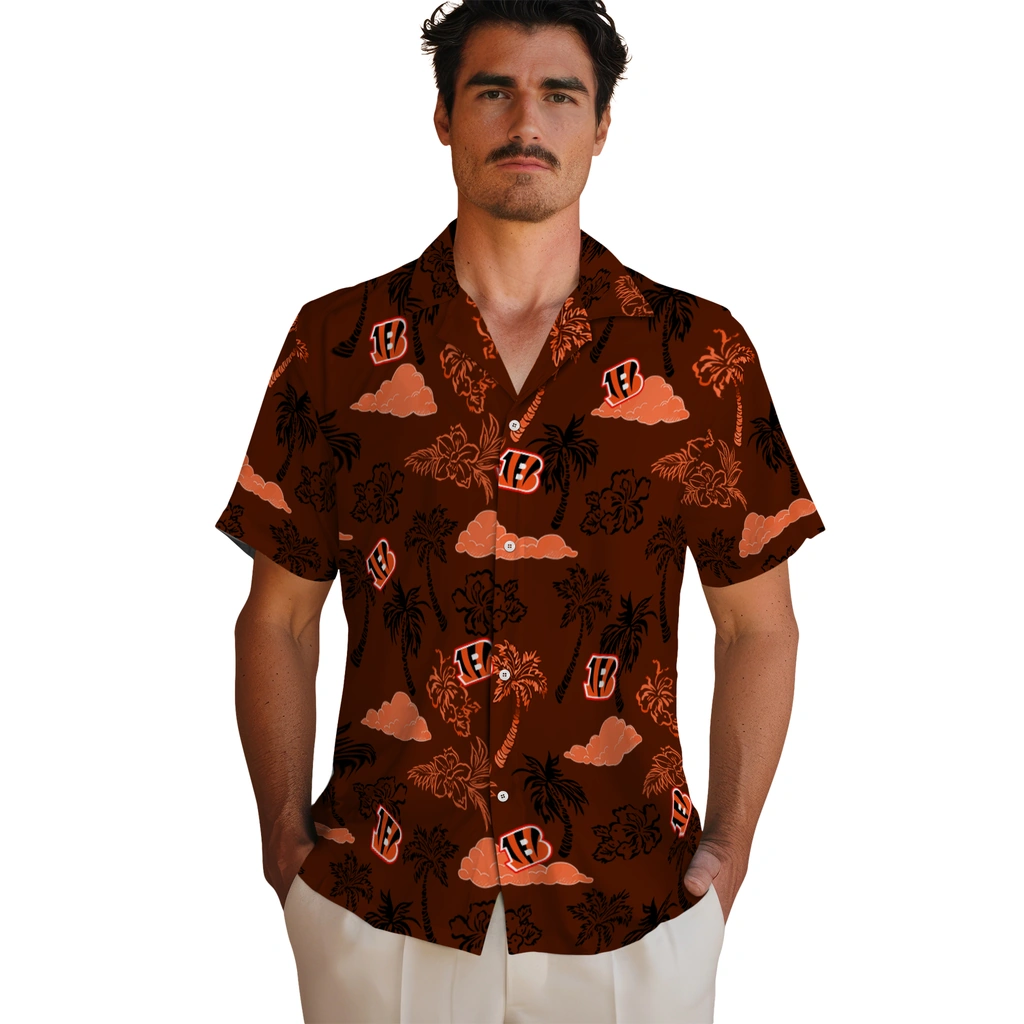 Cincinnati Bengals Hawaiian Shirt - Palm And Clouds cincinnati bengals palm and clouds orange hawaiian shirts fashion forward