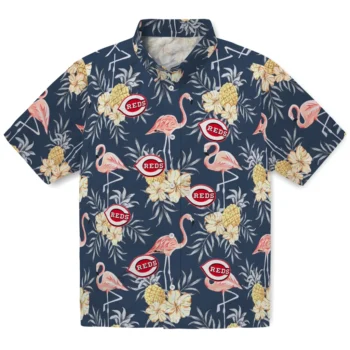 cincinnati reds flamingo hibiscus navy hawaiian shirts best selling