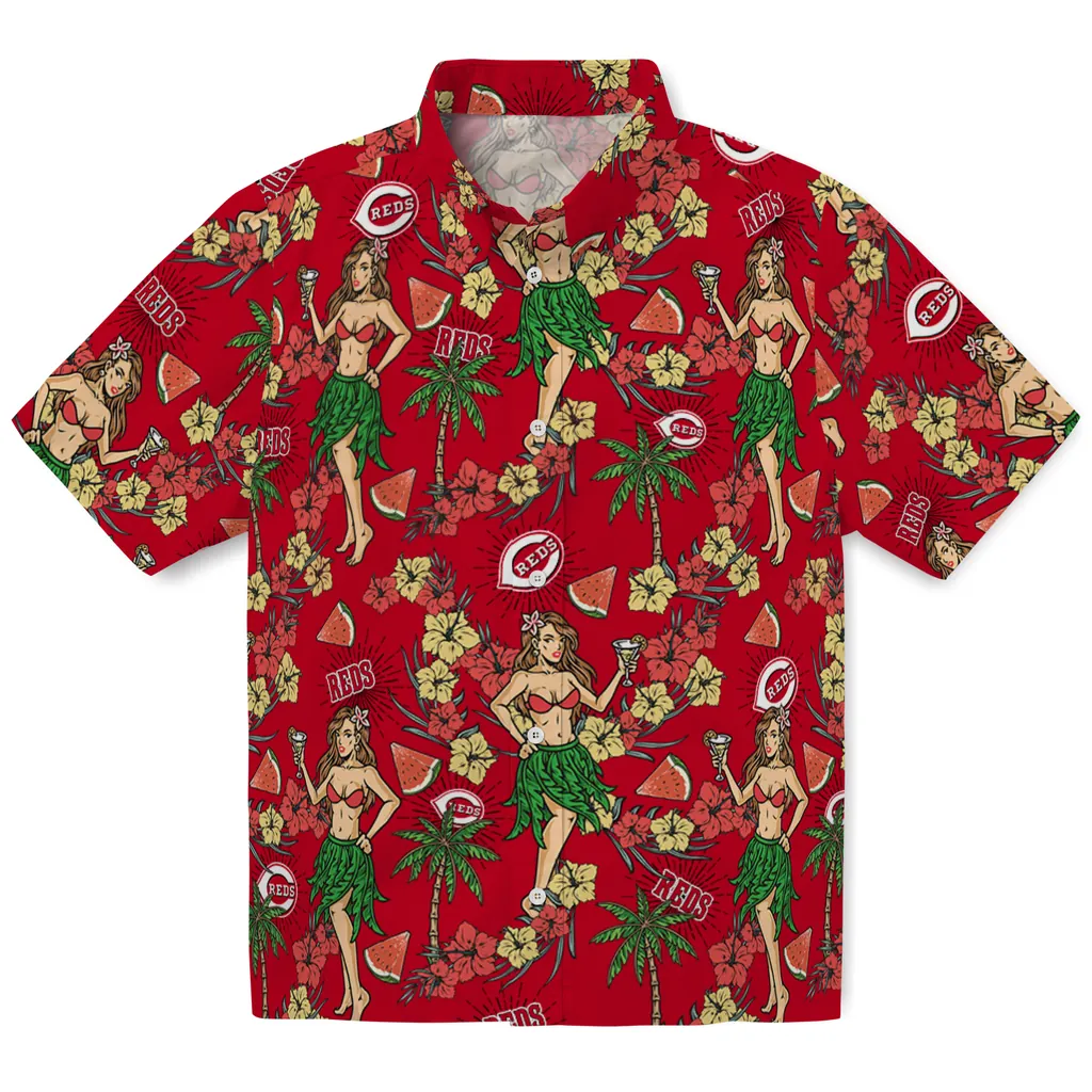 Cincinnati Reds Hawaiian Shirt - Hawaiian Girls Design cincinnati reds hawaiian girls design red hawaiian shirts best selling
