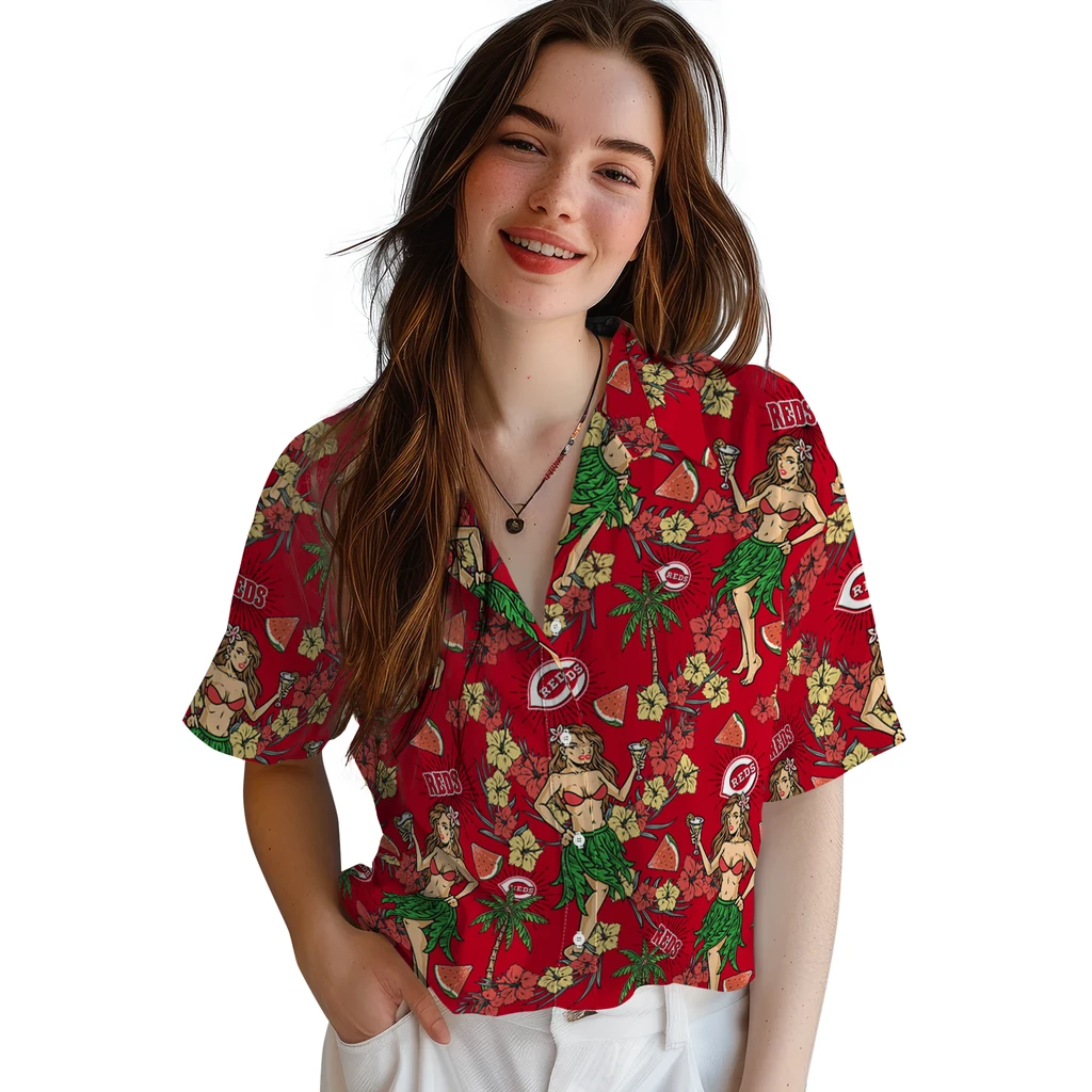 Cincinnati Reds Hawaiian Shirt - Hawaiian Girls Design cincinnati reds hawaiian girls design red hawaiian shirts latest model