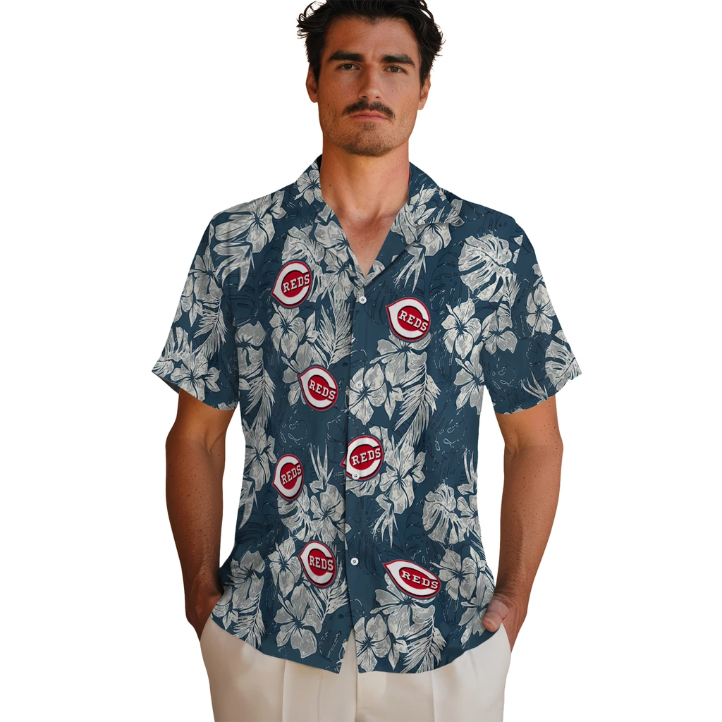 Cincinnati Reds Hawaiian Shirt - Hibiscus Flowers cincinnati reds hibiscus flowers navy blue hawaiian shirts fashion forward