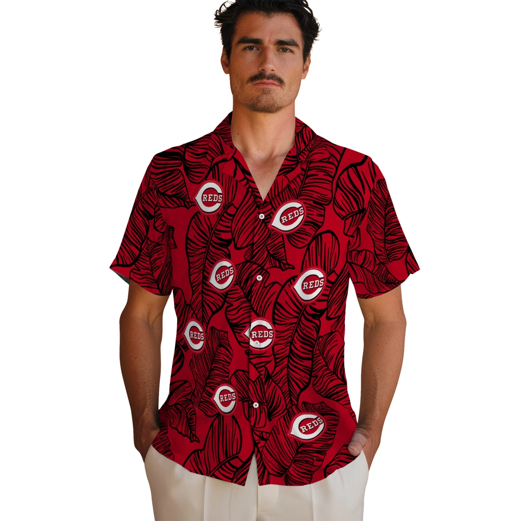 Cincinnati Reds Hawaiian Shirt - Leaf Outline cincinnati reds leaf outline red hawaiian shirts fashion forward
